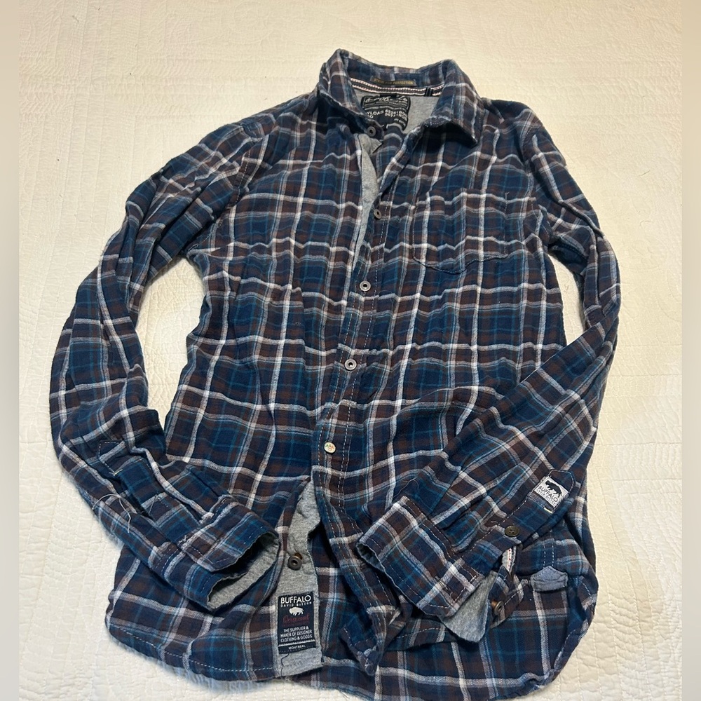 Buffalo David Bitton Navy and Brown Plaid Shirt Size Small